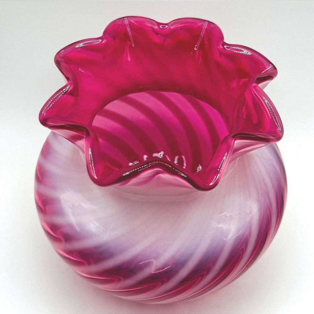 Fenton Vintage Cranberry Opalescent Swirl Art Glass Vase Ruffled Rim Hand Blown